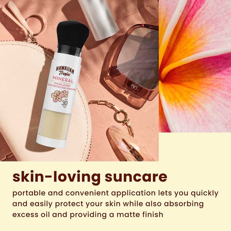 Hawaiian Tropic Mineral Brush SPF 30 | Easy | Convenient | Sun Protection | Travel Friendly | Mineral | SPF 30 | Quick | Zinc Oxide | Absorbs oil | Translucent | Powder | Beauty | All Skin Tones | Under | Over | Makeup | Portable | Matte finish