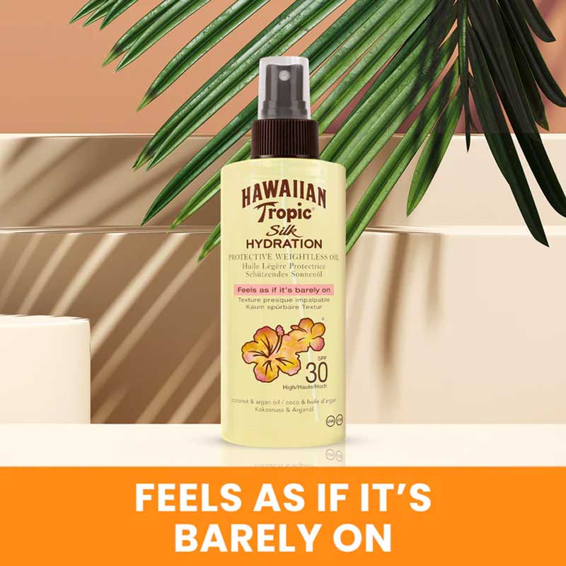 Hawaiian Tropic | Silk Hydration | Dry Oil Mist | SPF 30 | lightweight | tropical scent | nourishment | protection | luxury | body care routine | sun protection | skin hydration | body oil | botanicals | healthy