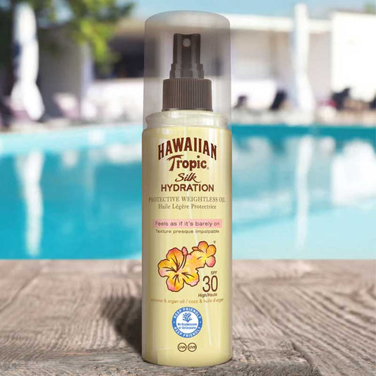Hawaiian Tropic | Silk Hydration | Dry Oil Mist | SPF 30 | lightweight | tropical scent | nourishment | protection | luxury | body care routine | sun protection | skin hydration | body oil | botanicals | healthy