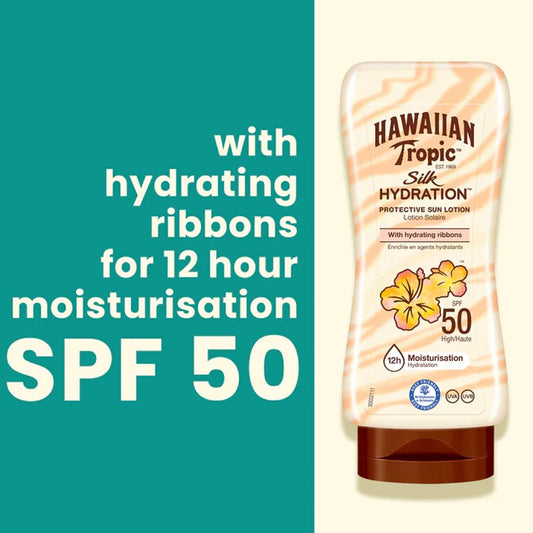 Hawaiian Tropic | Silk Hydration | Lotion | SPF 50 | ultra-light | UVA | UVB | protection | damaging sun rays | hydrating ribbons | moisturizes | soft | water resistant | tropical scent