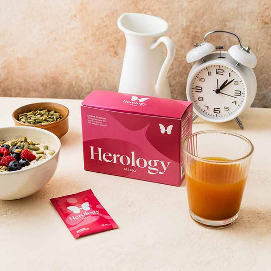 Herology | Meno | food supplement | nutrition | energy | wellbeing | quality ingredients | 30 daily sachets | citrus flavour | Magnesium | Vitamin B6 | Vitamin B12 | maximum absorption | health | peri-menopause | menopause | hormonal activity | metabolism | mental performance | bone health | Vitamin D | Vitamin K2 | nervous system | calm | relaxation