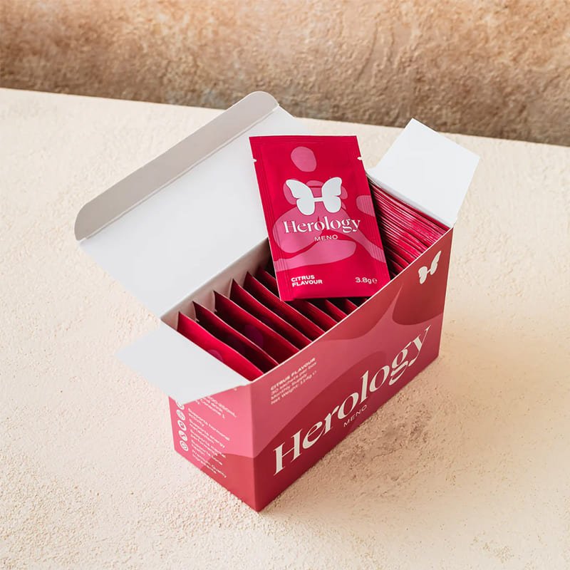 Herology | Meno | food supplement | nutrition | energy | wellbeing | quality ingredients | 30 daily sachets | citrus flavour | Magnesium | Vitamin B6 | Vitamin B12 | maximum absorption | health | peri-menopause | menopause | hormonal activity | metabolism | mental performance | bone health | Vitamin D | Vitamin K2 | nervous system | calm | relaxation