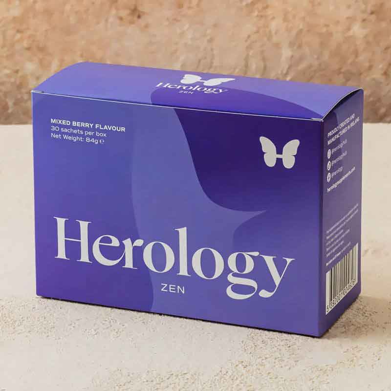 Herology | Zen | food supplement | nutrition | calm | relaxation | wellbeing | quality ingredients | 30 daily sachets | mixed berry flavour | Magnesium | Vitamin B6 | Vitamin B12 | maximum absorption | health | nervous system | stress | digestive system | anxiety | day | night