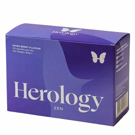 Herology | Zen | food supplement | nutrition | calm | relaxation | wellbeing | quality ingredients | 30 daily sachets | mixed berry flavour | Magnesium | Vitamin B6 | Vitamin B12 | maximum absorption | health | nervous system | stress | digestive system | anxiety | day | night
