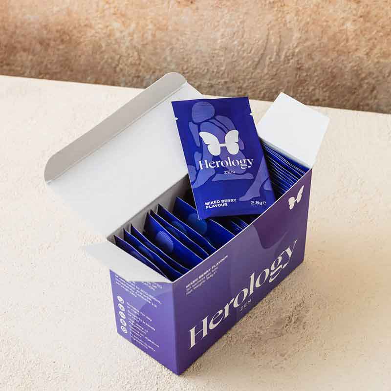 Herology | Zen | food supplement | nutrition | calm | relaxation | wellbeing | quality ingredients | 30 daily sachets | mixed berry flavour | Magnesium | Vitamin B6 | Vitamin B12 | maximum absorption | health | nervous system | stress | digestive system | anxiety | day | night