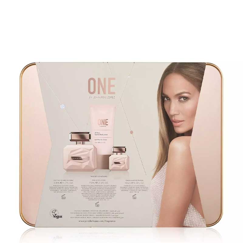 Jennifer Lopez | One | Gift Set | fragrance | full size | travel size | body lotion | beautiful | keep safe | gold tin | burst of pink pepper | florals | harmony | peace | Vegan | powerful | ONE | reflection | perfect gift