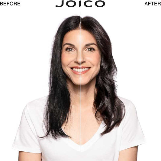 Before-and-after hair growth comparison of Joico, showing a woman with long dark hair parted down the middle, with 'BEFORE' on the left and 'AFTER' on the right against a white background.