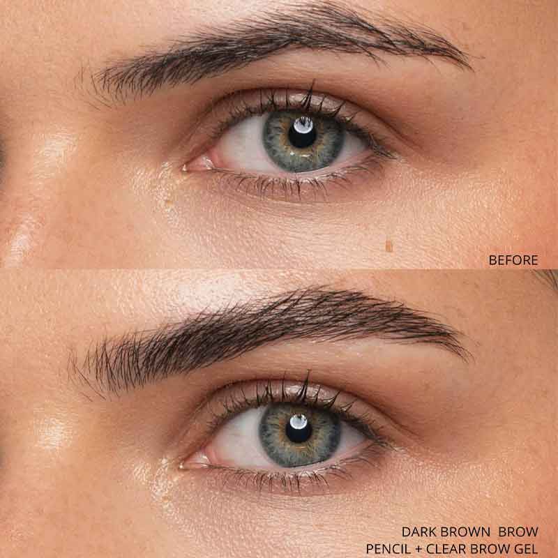 KASH Beauty Brow Precision Gel Clear, KASH Beauty Brow Precision Pencil Dark Brown, before & after brows