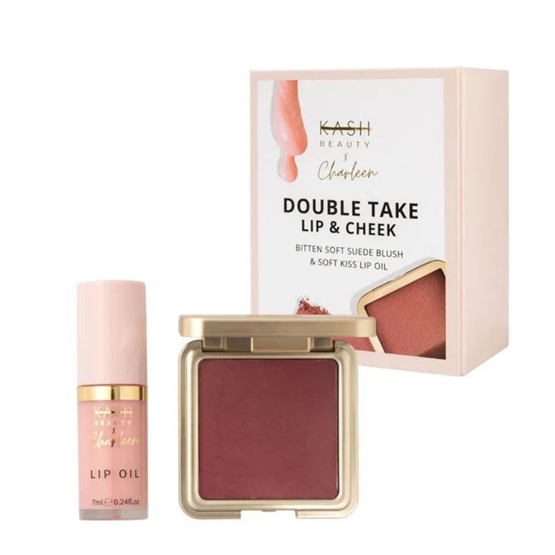 Kash Beauty Charleen Double Take Lip & Cheek makeup set, featuring a small lip oil bottle, a square blush compact, and its product packaging box on a white background.