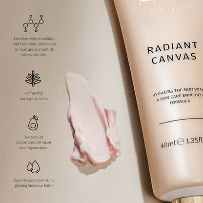 Kash Beauty Radiant Canvas Primer | Hydrating | smoothing | Hyaluronic Acid | Ceramides | Avocado Oil | Glycerin | Vegan | cruelty-free | Ensures makeup longevity | Refreshes and renews the skin