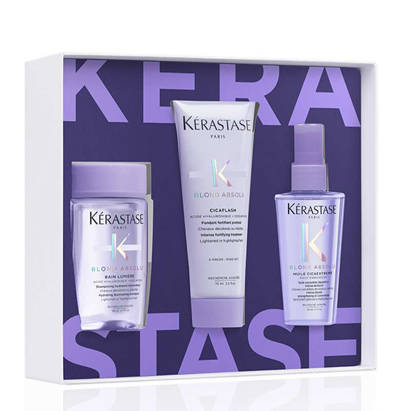 Kérastase Strength Essentials: Blonde Hair Trio Gift Set | ultimate gift | lightened, highlighted, grey hair | luxurious trio | hair care essentials | blonde locks | gleaming | shine | holiday season.