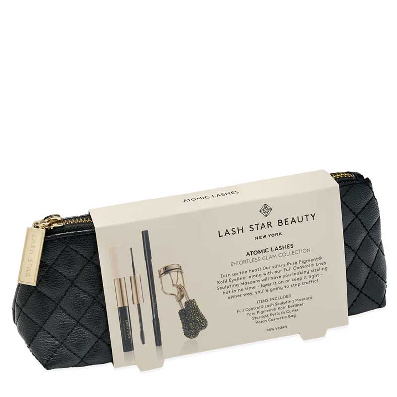 Lash Star | Beauty | Atomic Lashes | Effortless | Glam Collection | Gift Set | sleek | modern | elegance | mascara | separates lashes | dual-ended | brush | Kohl | Eyeliner | definition | Stardust | Eyelash Curler's | jewel | encrusted | handle | excellent | grip | vegan | leather | Varda | Cosmetic Bag | glam