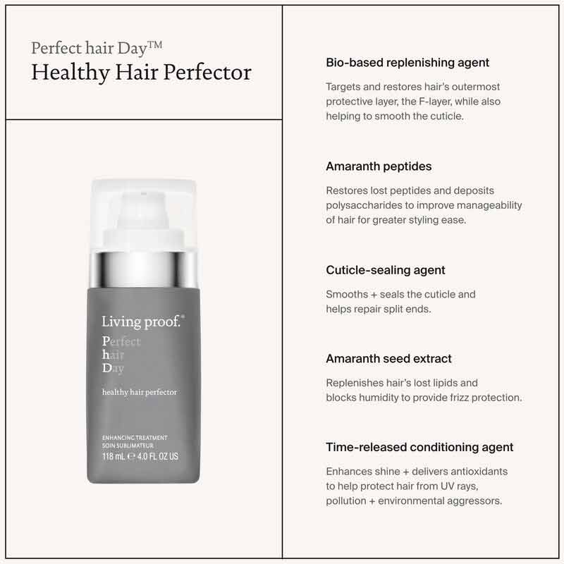 Living Proof Perfect Hair Day Healthy Hair Perfector | transformative hair treatment | driest strands | restoring outermost layer | softer | smoother | radiant shine | one application.