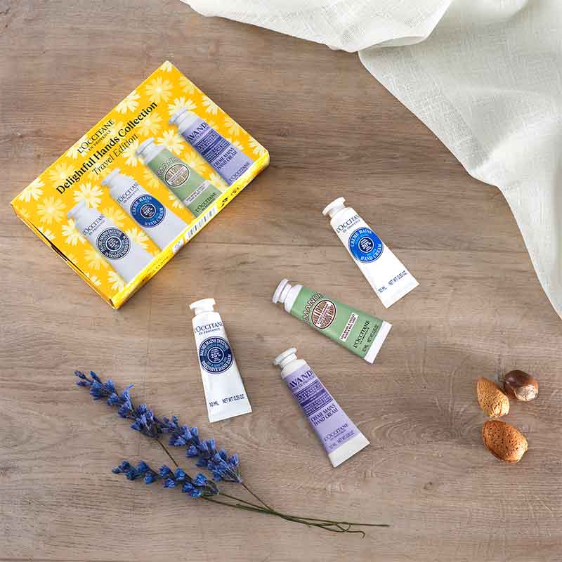 L'OCCITANE Delightful Hands Collection, Shea Butter Intensive Hand Cream, Shea Butter Hand Cream, Almond Delicious Hand Cream and Lavender Hand Cream, L'Occitane gift set, travel sized hand cream