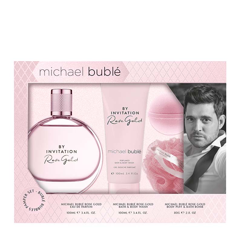 Michael Bublé | Invitation | Rose Gold | Pamper | Gift Set | Rose Gold | Eau De Parfum | scented | bath bomb | body wash | body puff | elegant | rose gold | floral | oriental | fragrance | magnolia | red fruits | rose | peony | praline | vanilla base | charming | feminine | scent
