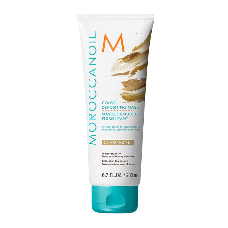 Moroccanoil Champagne Colour Depositing Mask | temporary hair color | treatment benefits | deep conditioning mask | light blonde | medium blonde hair.