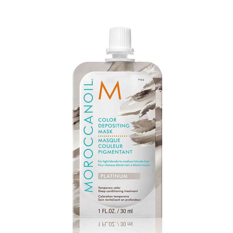 Moroccanoil Platinum Colour Depositing Mask | cool platinum tones | light to medium blonde hair | dual-benefit mask | temporary color enhancement | deep conditioning | salon quality result.
