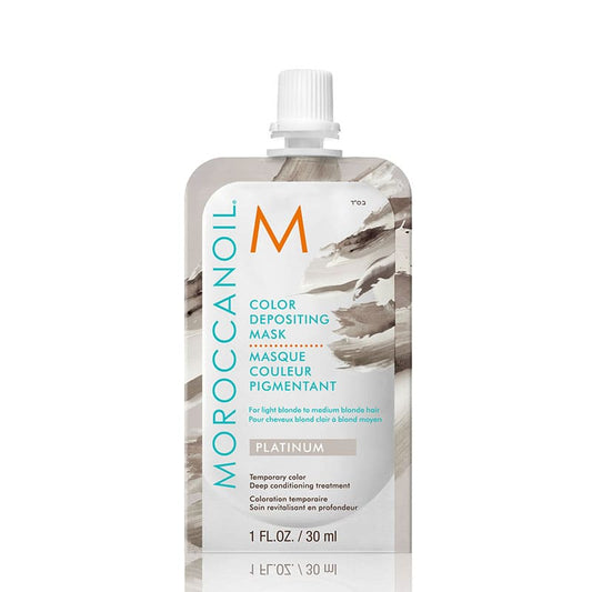 Moroccanoil Platinum Colour Depositing Mask | cool platinum tones | light to medium blonde hair | dual-benefit mask | temporary color enhancement | deep conditioning | salon quality result.