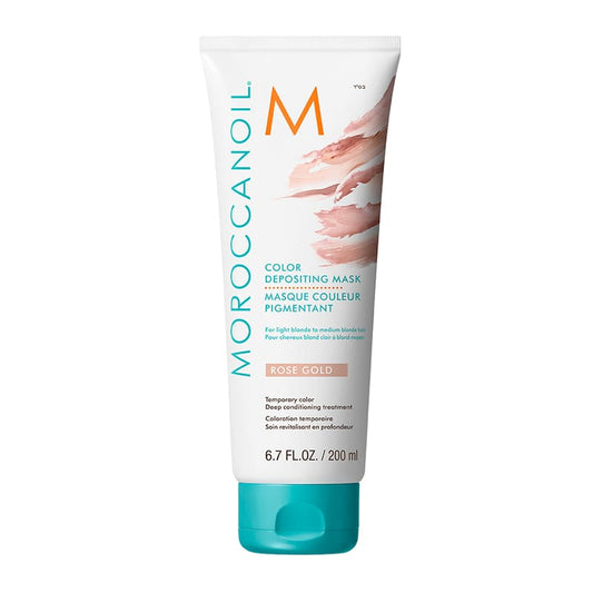 Moroccanoil Rose Gold Colour Depositing Mask | soft pink hair | warm golden undertones | light blonde to medium blonde hair | deep conditioning treatment.