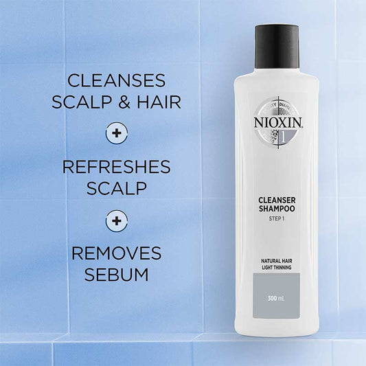 Nioxin | System 1 | Cleanser | Shampoo | hair | scalp | natural hair | light thinning | purifies | removing pollutants, dirt and residue | promoting | rejuvenate | encourage growth