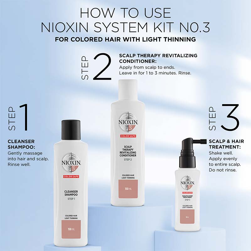 Nioxin | System 3 | Three Part | Trial Kit | improve thickness | texture | coloured hair | light thinning | fuller | thicker hair
