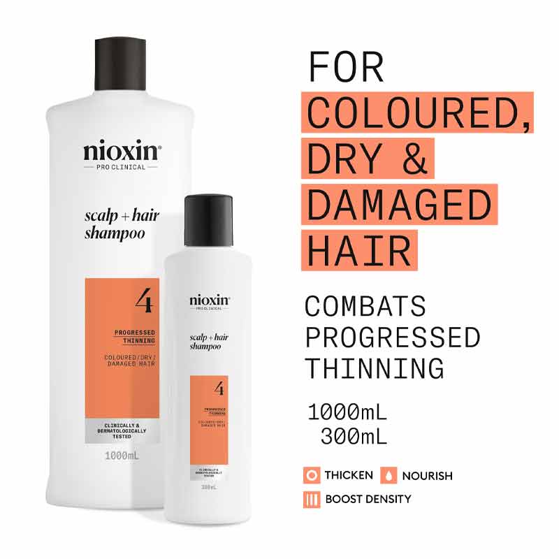 Nioxin System 4 Cleanser Shampoo, hair thinning, shampoo for coloured hair, dry hair, damaged hair, progressed thinning hair