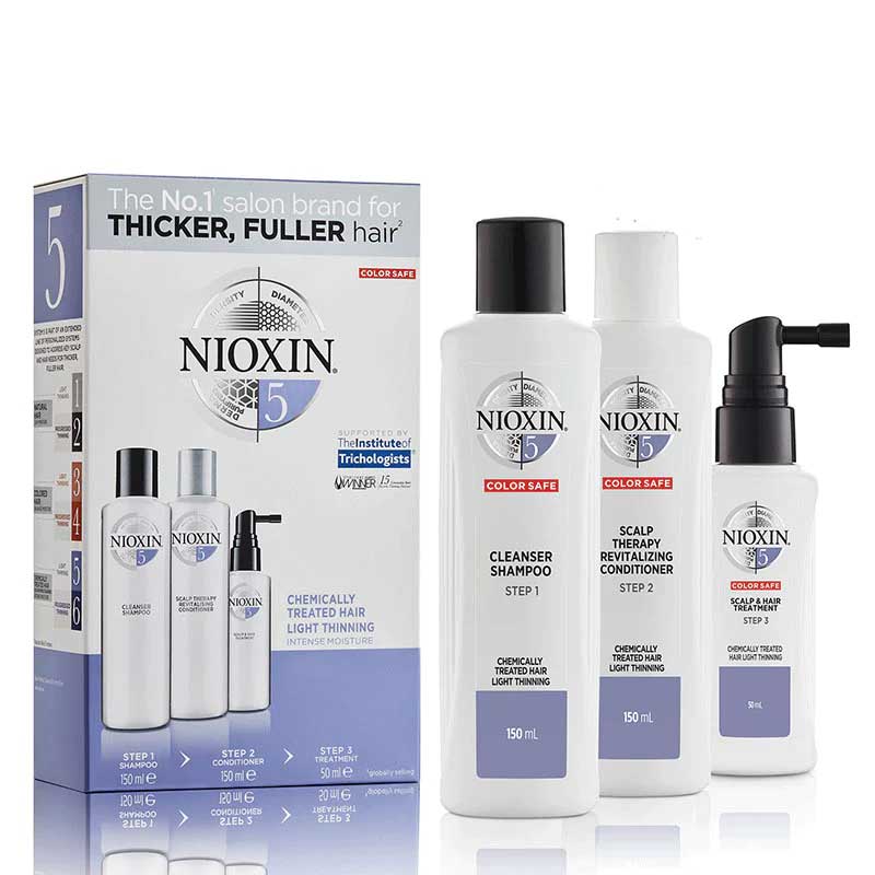 Nioxin | System 5 | Three Part | Trial Kit | chemically treated hair | healthy | beautiful | trial sized | shampoo | conditioner | leave in treatment | work together | hair growth | strength | thickening | shine | colour | scientific innovation | hair thickening | treatments | hair wash