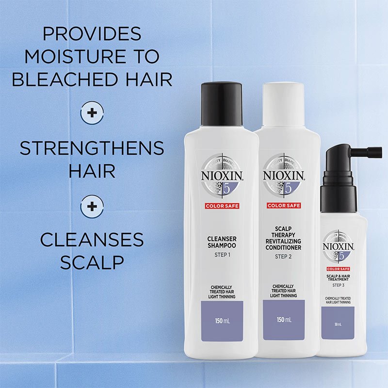 Nioxin | System 5 | Three Part | Trial Kit | chemically treated hair | healthy | beautiful | trial sized | shampoo | conditioner | leave in treatment | work together | hair growth | strength | thickening | shine | colour | scientific innovation | hair thickening | treatments | hair wash