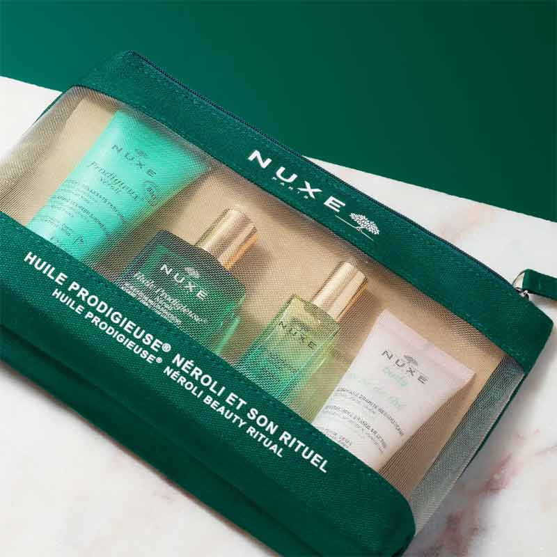 NUXE | Huile Prodigieuse Neroli Beauty Ritual Gift Set | Carefully Curated | Travel-Size Collection | Prodigieuse® Néroli | Prodigieux® Néroli Relaxing Scented Shower Gel | Prodigieux® Néroli Le Parfum | Rêve de Thé Revitalising Granular Scrub | Immerse Yourself | Tranquility | Luxurious Néroli Set