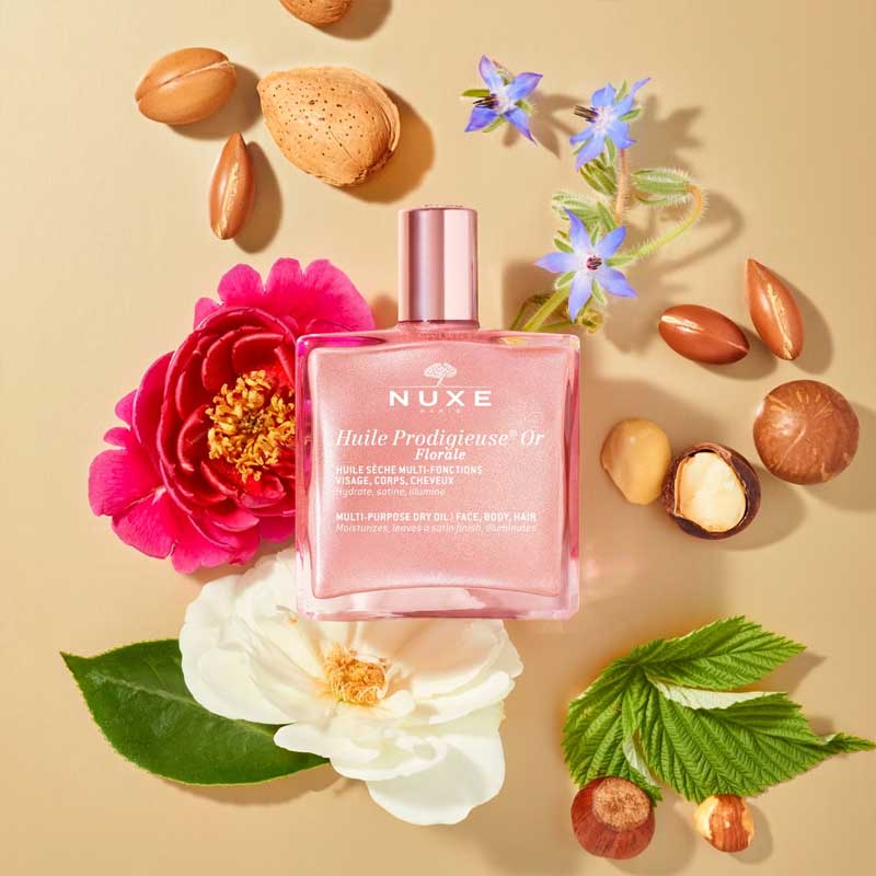 NUXE Huile Prodigieuse Or Florale Shimmering Multi-Purpose Dry Oil | Shimmery dry oil | Creates mesmerizing iridescent rose gold glow 