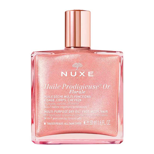 NUXE Huile Prodigieuse Or Florale Shimmering Multi-Purpose Dry Oil | Shimmery dry oil | Creates mesmerizing iridescent rose gold glow | Suitable for all skin types and tones | Contains blend of 7 precious botanical oils | Moisturizes, softens, and illuminates face, body, and hair | Unique dry touch texture | Non-greasy finish | Leaves skin feeling soft, silky, and radiant
