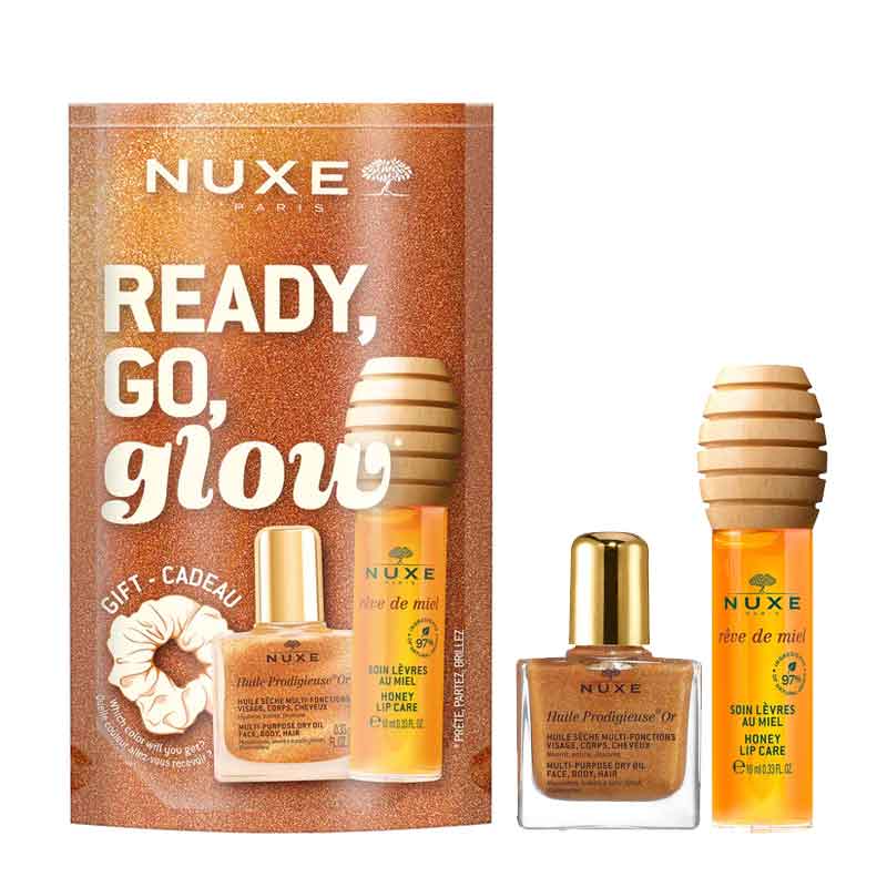 NUXE Ready, Go, Glow - Honey Lip Oil, Gold Shimmer Oil + FREE Scrunchie