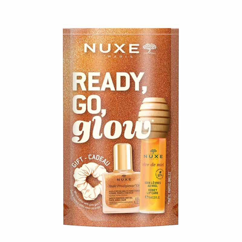 NUXE Ready, Go, Glow - Honey Lip Oil, Gold Shimmer Oil + FREE Scrunchie