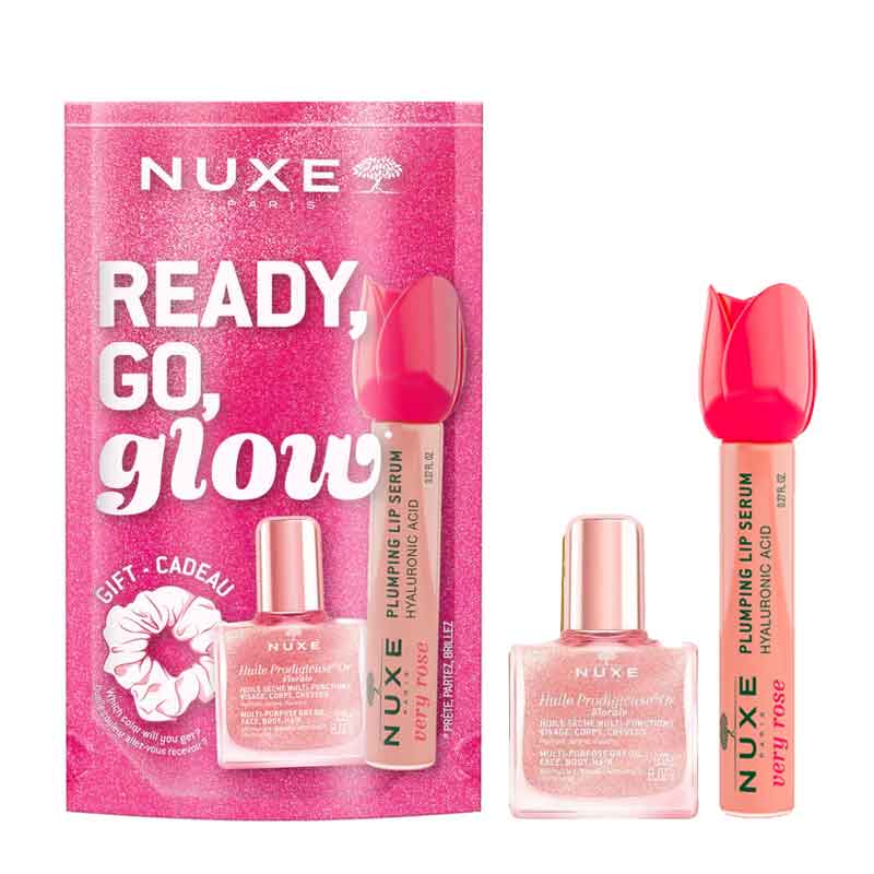 NUXE Ready, Go, Glow - Very Rose Plumping Lip Serum, Floral Shimmer Oil + FREE Scrunchie