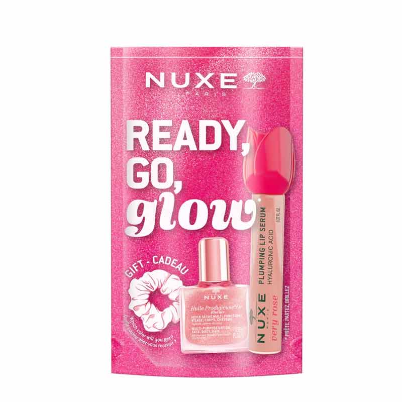 NUXE Ready, Go, Glow - Very Rose Plumping Lip Serum, Floral Shimmer Oil + FREE Scrunchie
