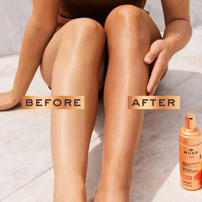 NUXE Sun Moisturizing Self-Tanning Mousse | hydrating | lightweight | natural tan | golden tan | hyaluronic acid | streak-free | lasting | bronzed | luminous | Sweet Orange | Tiare | Vanilla