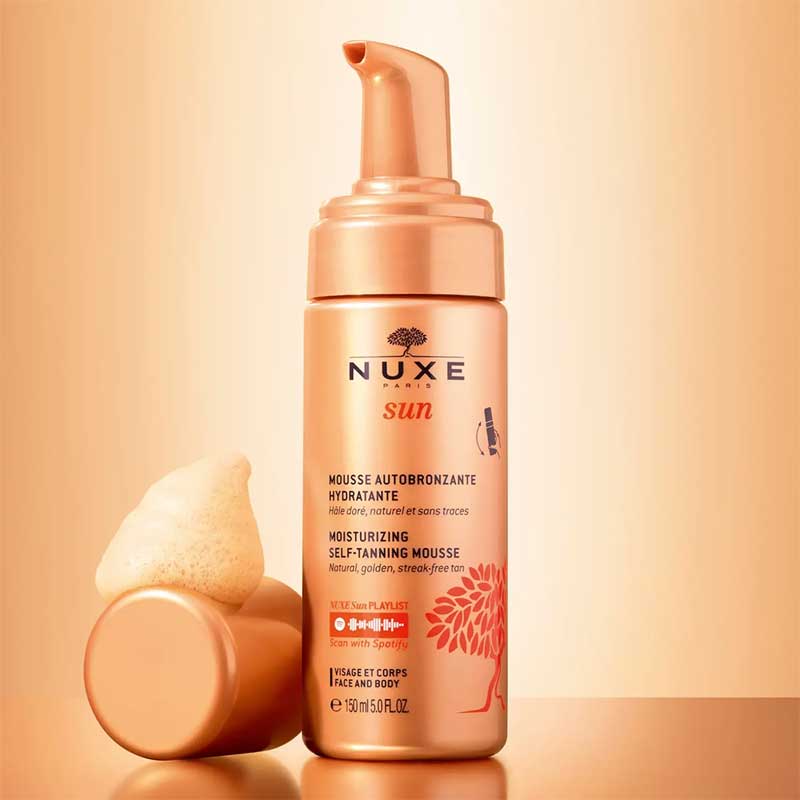 NUXE Sun Moisturizing Self-Tanning Mousse | hydrating | lightweight | natural tan | golden tan | hyaluronic acid | streak-free | lasting | bronzed | luminous | Sweet Orange | Tiare | Vanilla