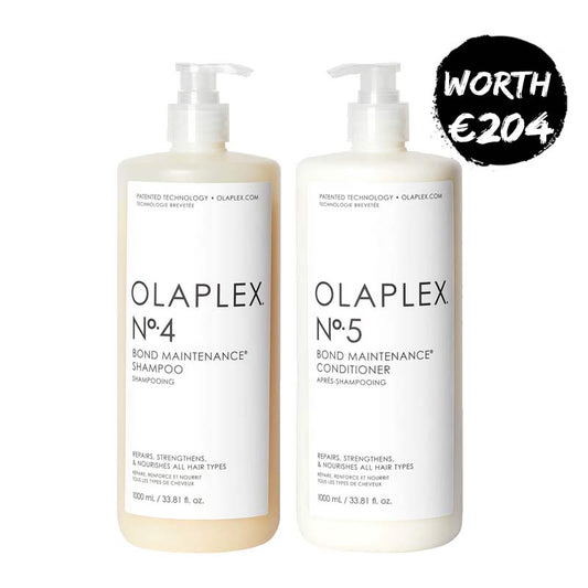 Olaplex Shampoo & Conditioner Supersize Duo | Includes No.4 Bond Maintenance Shampoo and No.5 Bond Maintenance Conditioner in generous 1L sizes | Features bond-building technology to tackle all types of damage | Restores, repairs, and hydrates hair without weighing it down | Patented OLAPLEX Bond Building technology strengthens and protects hair on a molecular level | Immediate results for all hair types | Achieve stronger, more resilient hair with Olaplex!