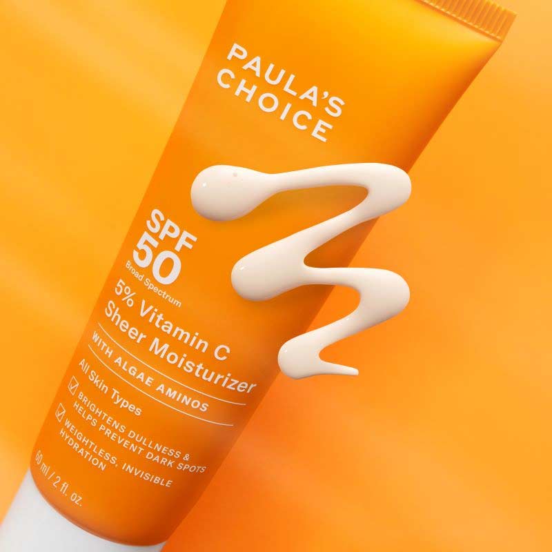 Paula's Choice | 5% Vitamin C Sheer Moisturiser SPF50 | facial moisturiser | skin treatment | SPF 50 sun protection | multi-benefit product | 5% vitamin C | acetyl zingerone | algae-derived amino acids | weightless formula | sheer formula | broad-spectrum SPF 50 | brightens skin | hydrates skin | no white-cast | all skin types | all skin tones | all skin shades | protects against sun damage | minimises discolouration | prevents dark spots