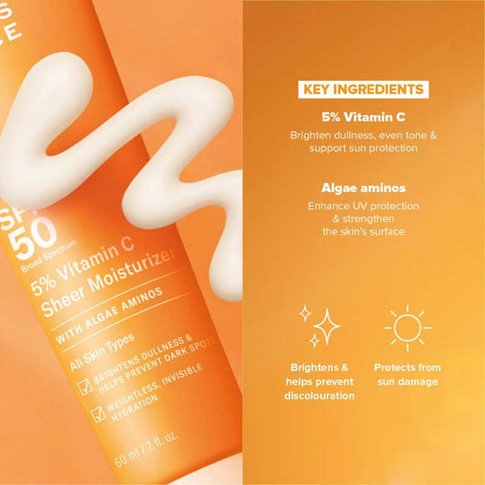 Paula's Choice | 5% Vitamin C Sheer Moisturiser SPF50 | facial moisturiser | skin treatment | SPF 50 sun protection | multi-benefit product | 5% vitamin C | acetyl zingerone | algae-derived amino acids | weightless formula | sheer formula | broad-spectrum SPF 50 | brightens skin | hydrates skin | no white-cast | all skin types | all skin tones | all skin shades | protects against sun damage | minimises discolouration | prevents dark spots