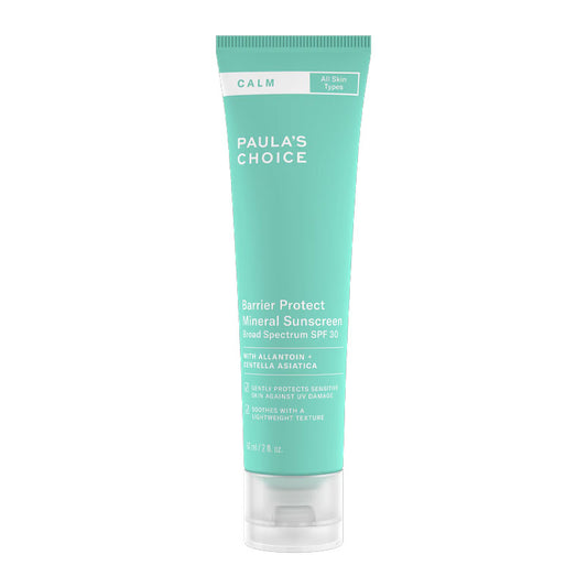 Paula's Choice Calm Barrier Protect Mineral Sunscreen SPF 30 | Mineral-based | Sun damage protection | Soothing Allantoin & Centella asiatica | Prebiotics for sensitivity | Supports skin barrier & microbiome | Soft, satin finish | Lasting hydration | Suitable for all skin types