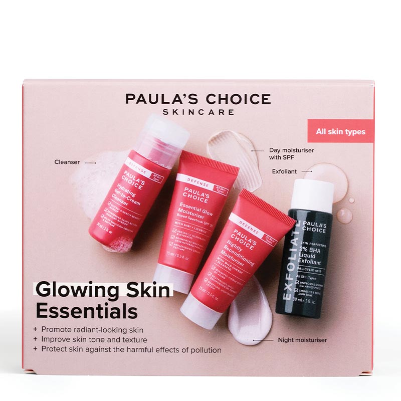 Hydrating Gel-to-Cream Cleanser 30ml 2% BHA Liquid Exfoliant 30ml Essential Glow Moisturizer 15ml Nightly Reconditioning Moisturiser 15ml | glowing skin gift set essentials