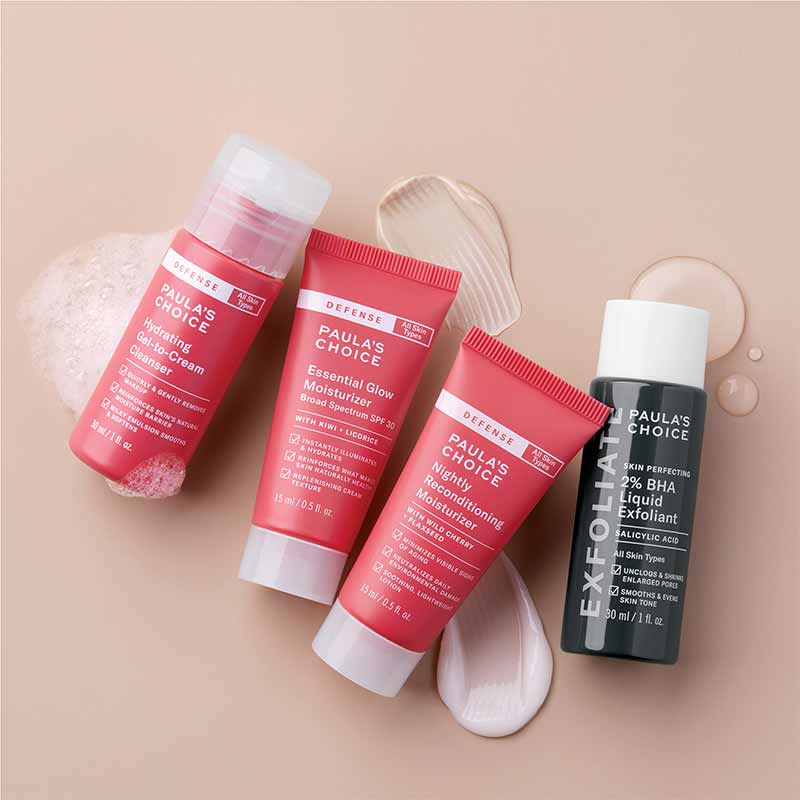 Hydrating Gel-to-Cream Cleanser 30ml 2% BHA Liquid Exfoliant 30ml Essential Glow Moisturizer 15ml Nightly Reconditioning Moisturiser 15ml | glowing skin gift set essentials