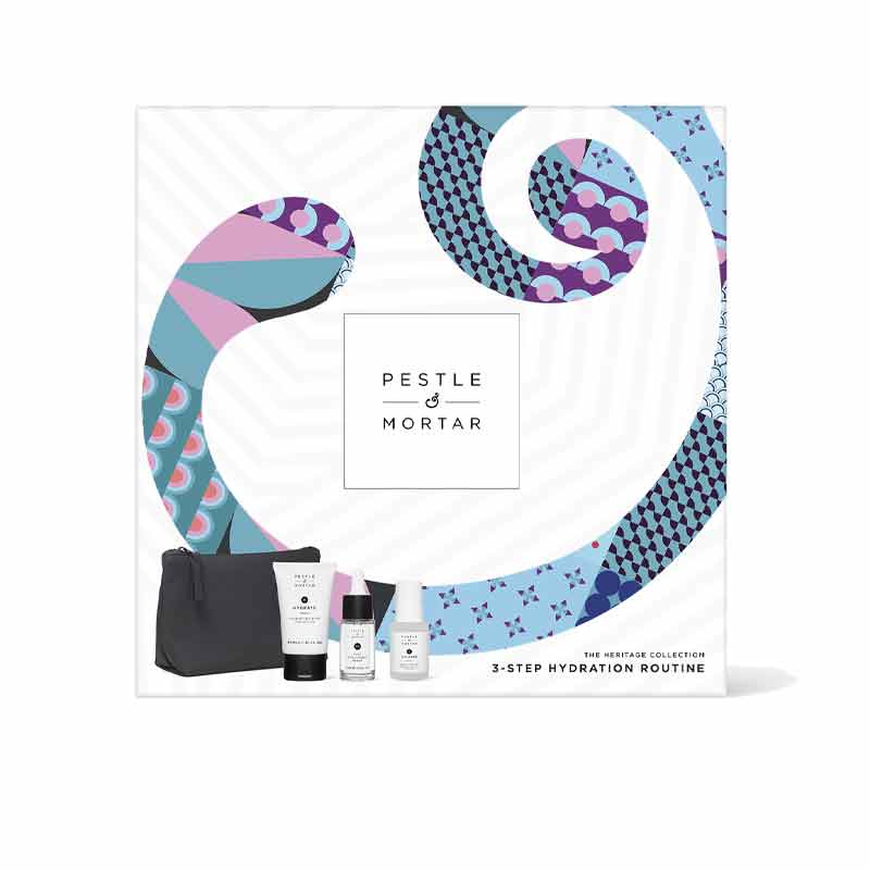 Pestle & Mortar 3 Step Hydration Routine Gift Set, skincare giftset, night time skincare routine, face moisturiser, hyaluronic acid serum