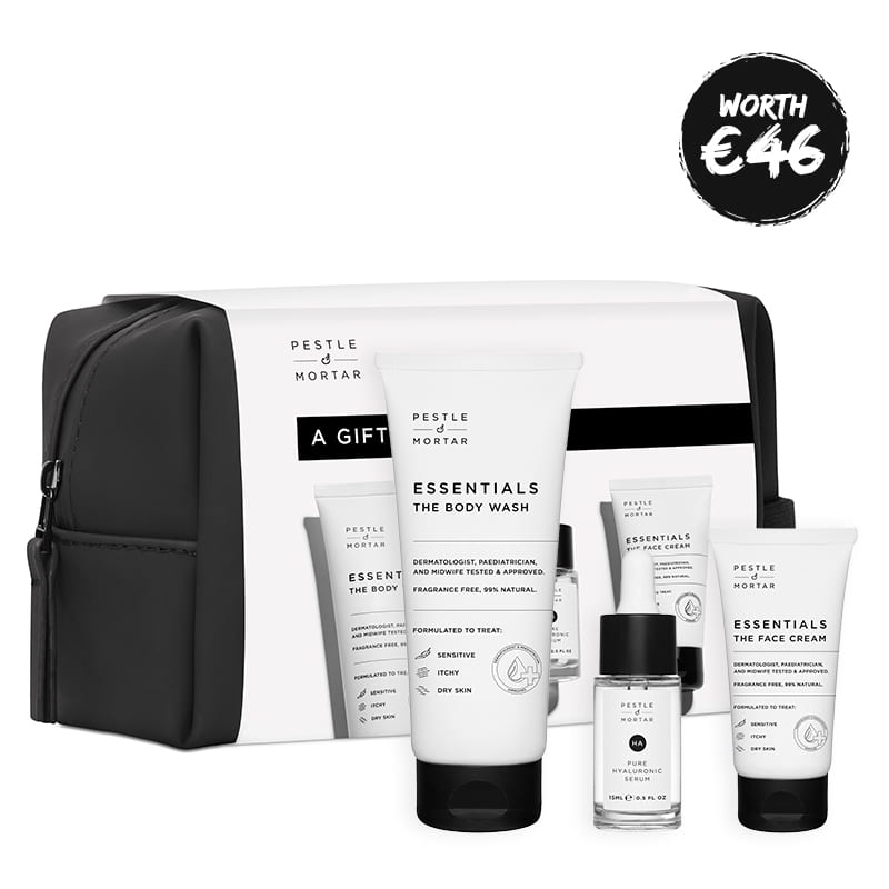 Pestle & Mortar | A Gift For Him | Skincare set for men | Pure Hyaluronic Serum | The Body Wash | The Face Cream | Daily basics | Quick, easy, and effective skincare routine | Comfort and hydration | Suitable for all skin types