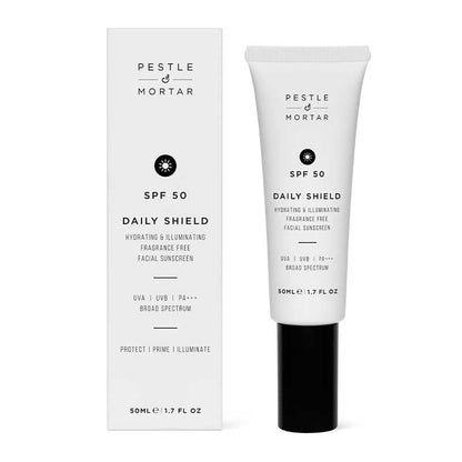 Pestle & Mortar Daily Shield SPF 50 | Broad-spectrum facial sunscreen | SPF 50 PA+++ | Comprehensive protection against UVA & UVB rays | Protects against digital blue light | Primes, hydrates, and illuminates skin | Suitable for all skin types | Satin finish with no white cast
