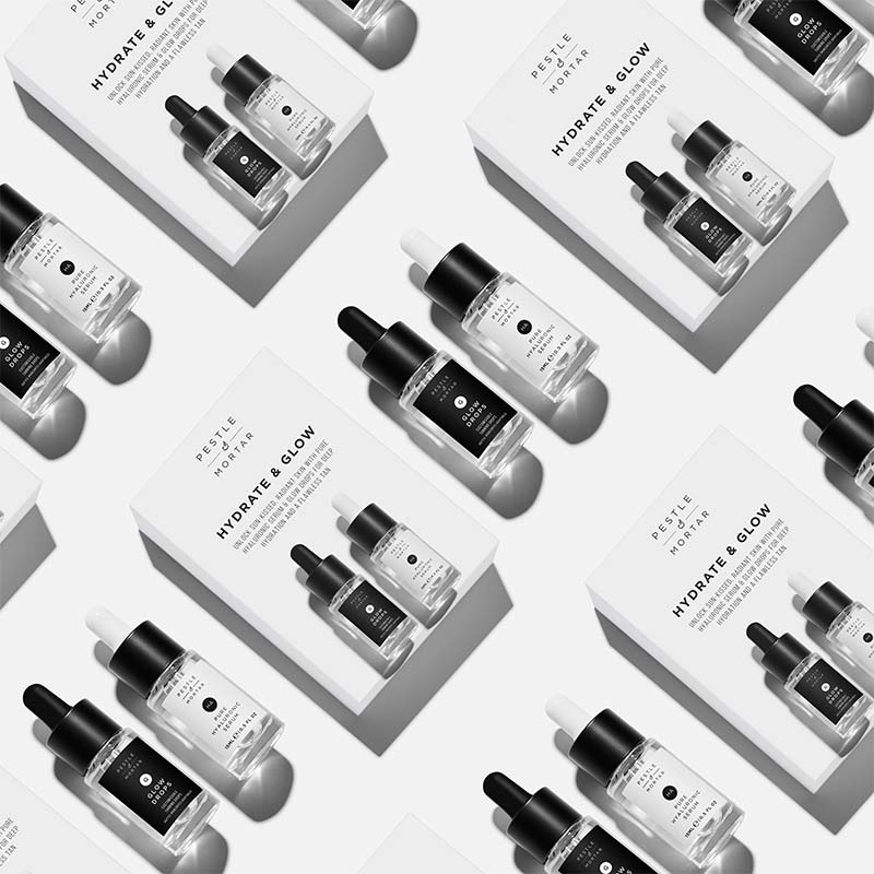 Pestle & Mortar | Hydrate & Glow Kit | Glow Drops (15ml) | Pure Hyaluronic Serum (15ml) | hydrates skin | plumps skin | natural sun-kissed glow | hydrating | customisable tan | travel-sized | skincare routine