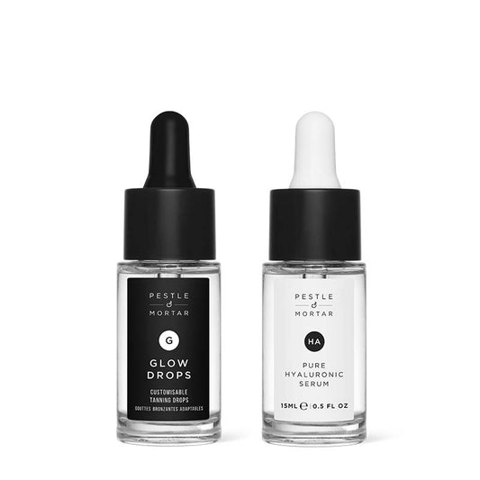 Pestle & Mortar | Hydrate & Glow Kit | Glow Drops (15ml) | Pure Hyaluronic Serum (15ml) | hydrates skin | plumps skin | natural sun-kissed glow | hydrating | customisable tan | travel-sized | skincare routine