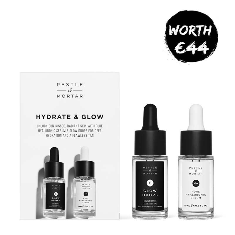Pestle & Mortar | Hydrate & Glow Kit | Glow Drops (15ml) | Pure Hyaluronic Serum (15ml) | hydrates skin | plumps skin | natural sun-kissed glow | hydrating | customisable tan | travel-sized | skincare routine