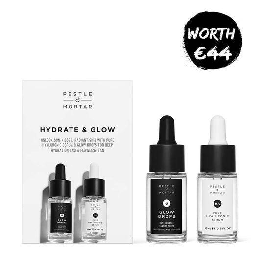 Pestle & Mortar | Hydrate & Glow Kit | Glow Drops (15ml) | Pure Hyaluronic Serum (15ml) | hydrates skin | plumps skin | natural sun-kissed glow | hydrating | customisable tan | travel-sized | skincare routine